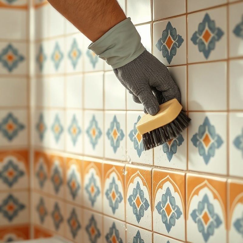 Detalle de profesional limpiando azulejos tradicionales sevillanos con cepillo