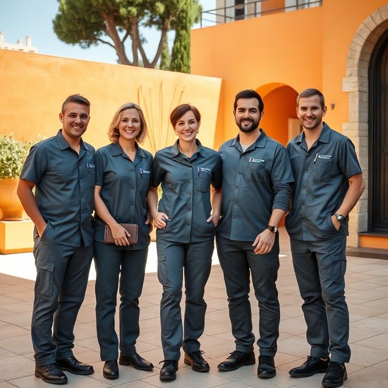 Equipo de Skillhavenv con uniforme gris pizarra en un patio sevillano