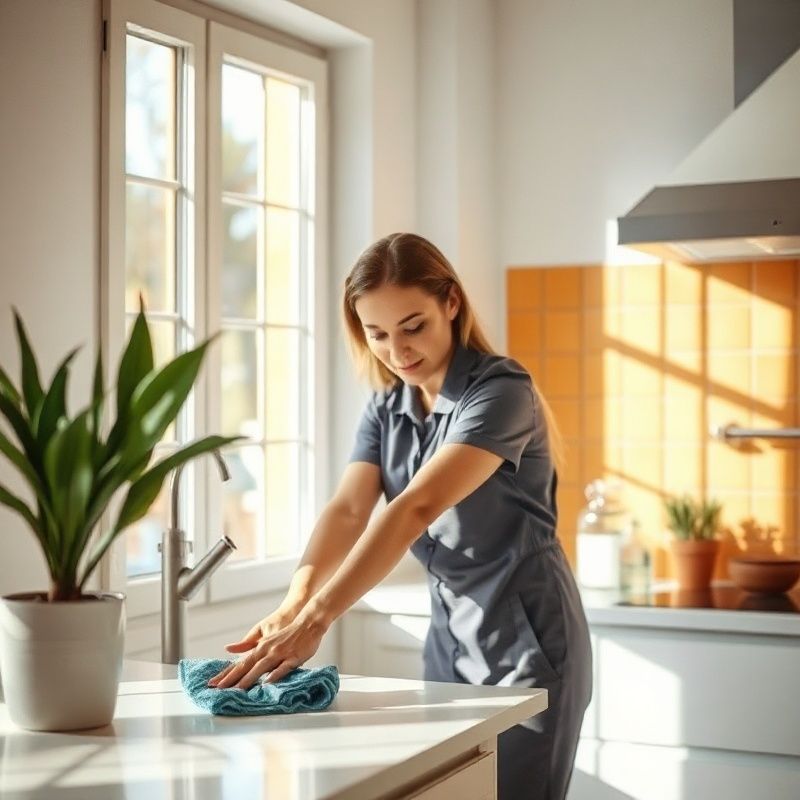 Profesional limpiando encimera de cocina en apartamento sevillano soleado